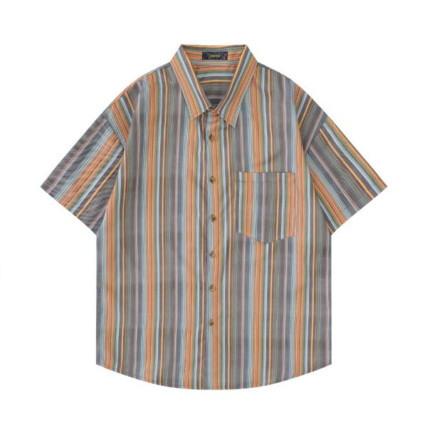 Gababa Unisex Casual Color Contrast Stripe Oversized Collar Short-Sleeve Shirt G76897 (Plus Size M~2XL)