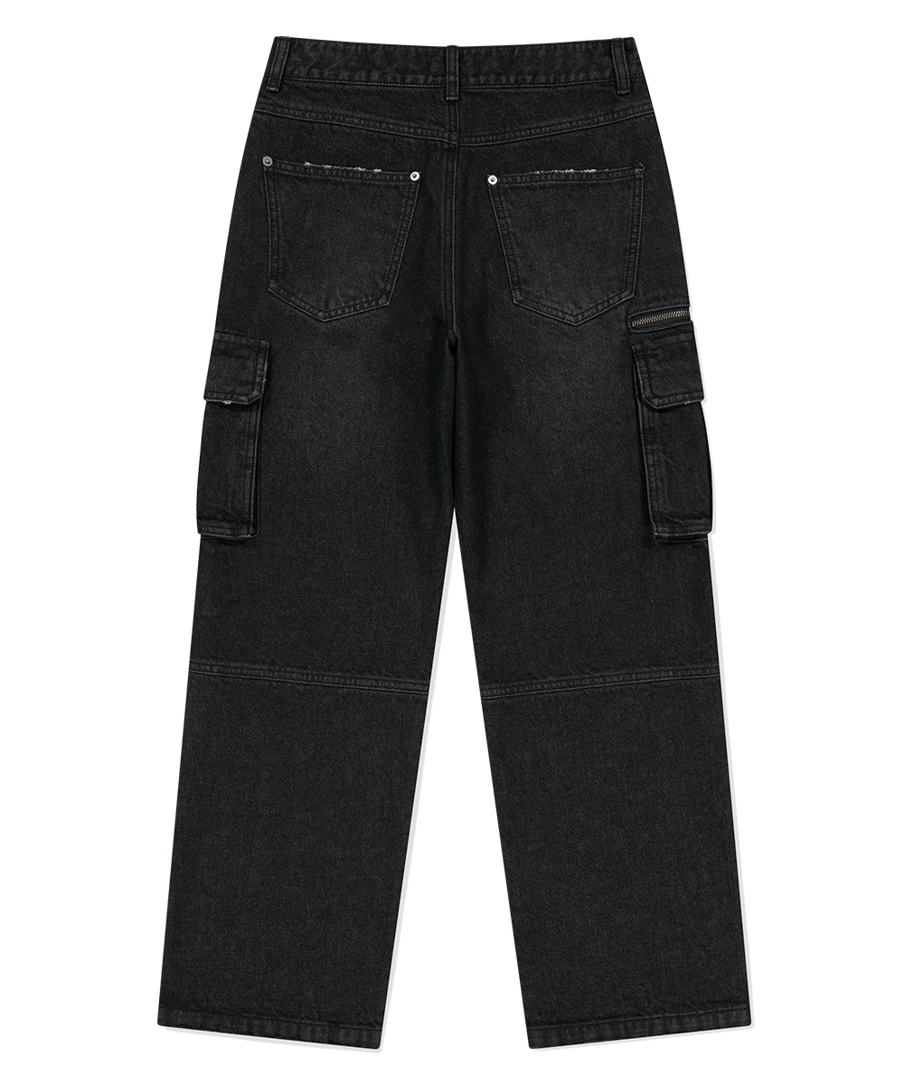 MAHAGRID WASHED ZIP CARGO DENIM PANTS [BLACK]