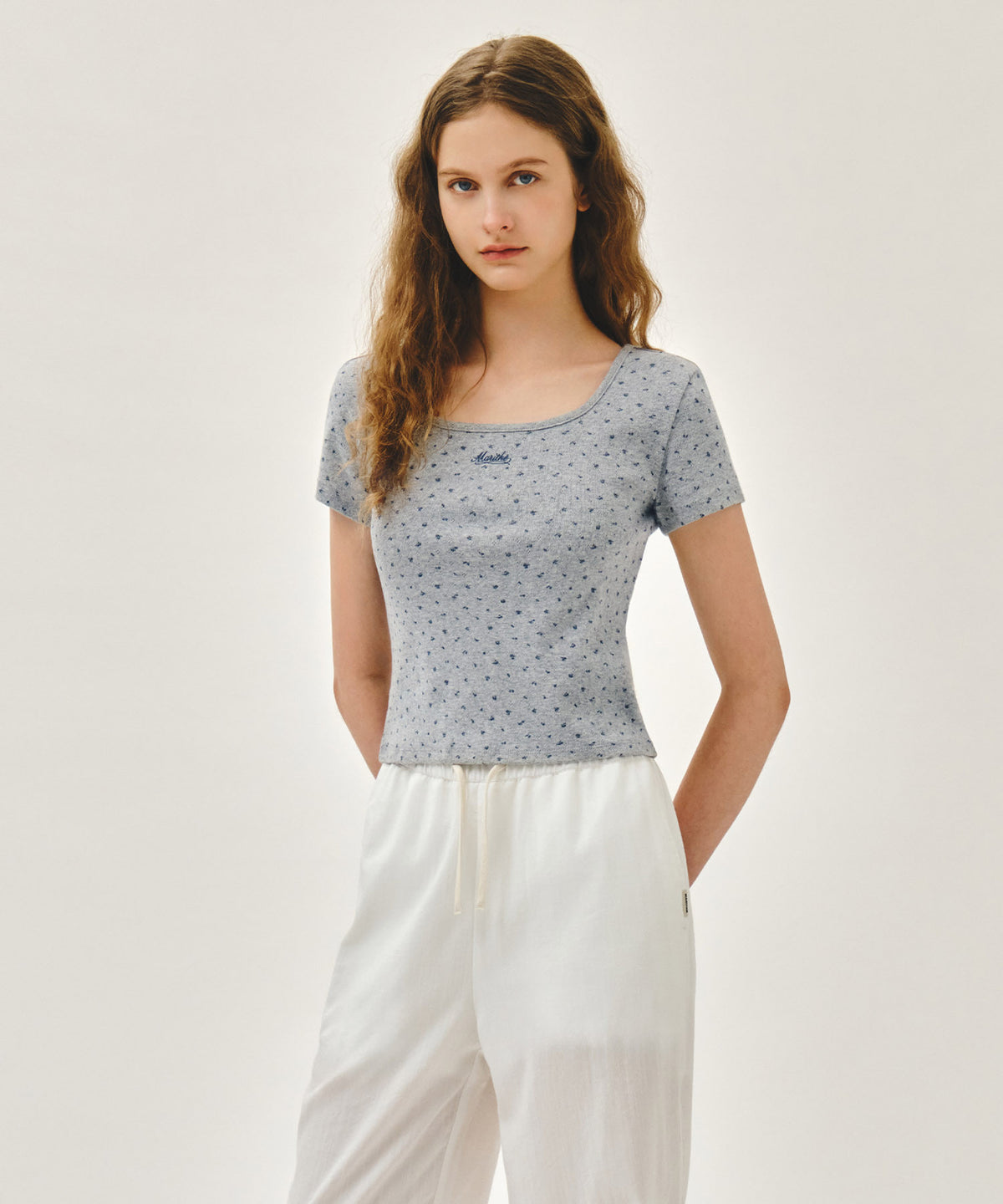 MARITHE W FLOWER SLIM CROP TEE melange gray