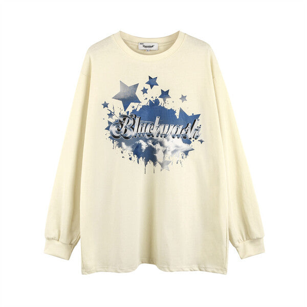 Gababa Unisex cloud and star-printed overfit long-sleeved T-shirt G77736 (big size M~2XL)