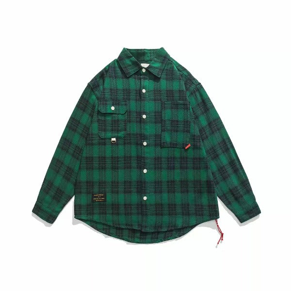 Gababa Unisex Check Pocket Oversized Collar Long-Sleeve Shirt G77615 (Plus Size M~XL)