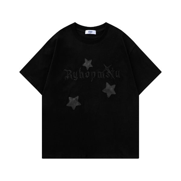 Gababa [High Demand] Unisex Vintage Star Embroidered Overfit Short Sleeve T-shirt G76784