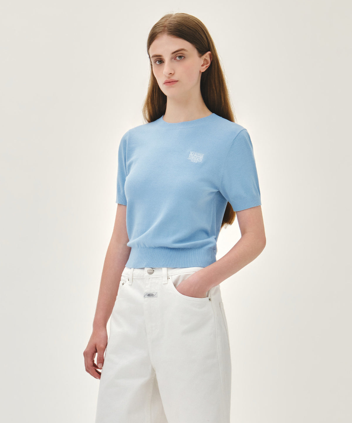 MARITHE W SMALL CLASSIC LOGO HALF KNIT PULLOVER sky blue