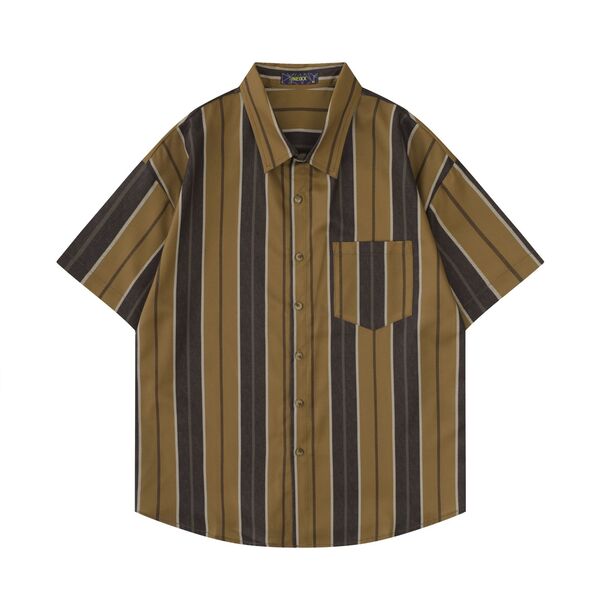Gababa Unisex Color-block Vertical Stripe Oversized Collar Short-Sleeve Shirt G76903 (Plus Size M~2XL)