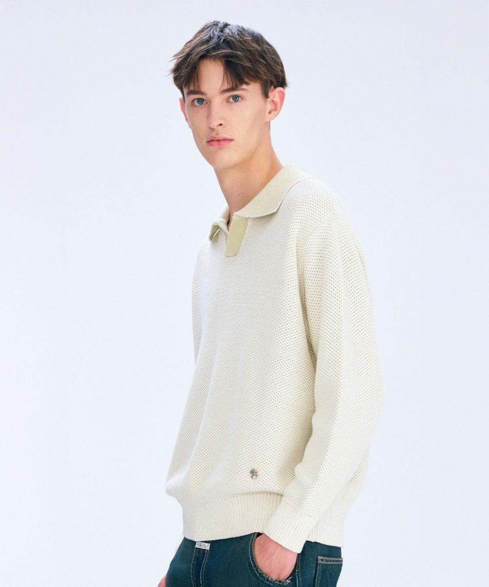 MARITHE M COTTON BLENDED OPEN COLLAR KNIT light beige