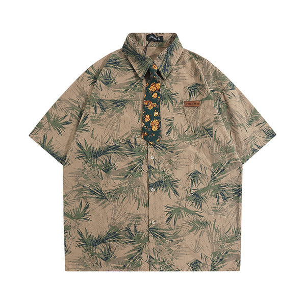 Gababa Unisex Floral Tie Wood Print Collar Short-Sleeve Shirt G77197
