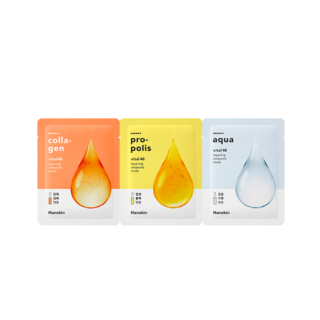 Hanskin Vital 40 Layering Ampoule Mask - Collagen 10 sheets + Aqua 10 sheets + Propolis 10 sheets