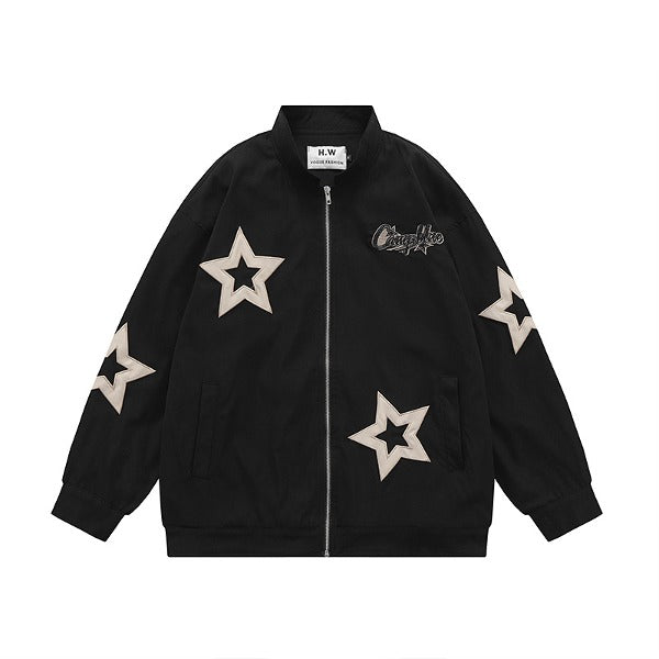 Gababa Unisex Bomber Jacket Style Star Point Overfit Zip-up Jacket G77546 (Plus Size S~XL)