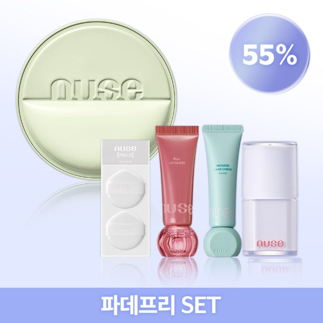 Nuse [Foundation-Free Set] Rejou Toning Sun Cushion 1pc + Rejou Lip Gloss 1pc + Mousse Care Handy Cheek (+ Free Gift: Care Lip Ritual C03 Haze Beige)