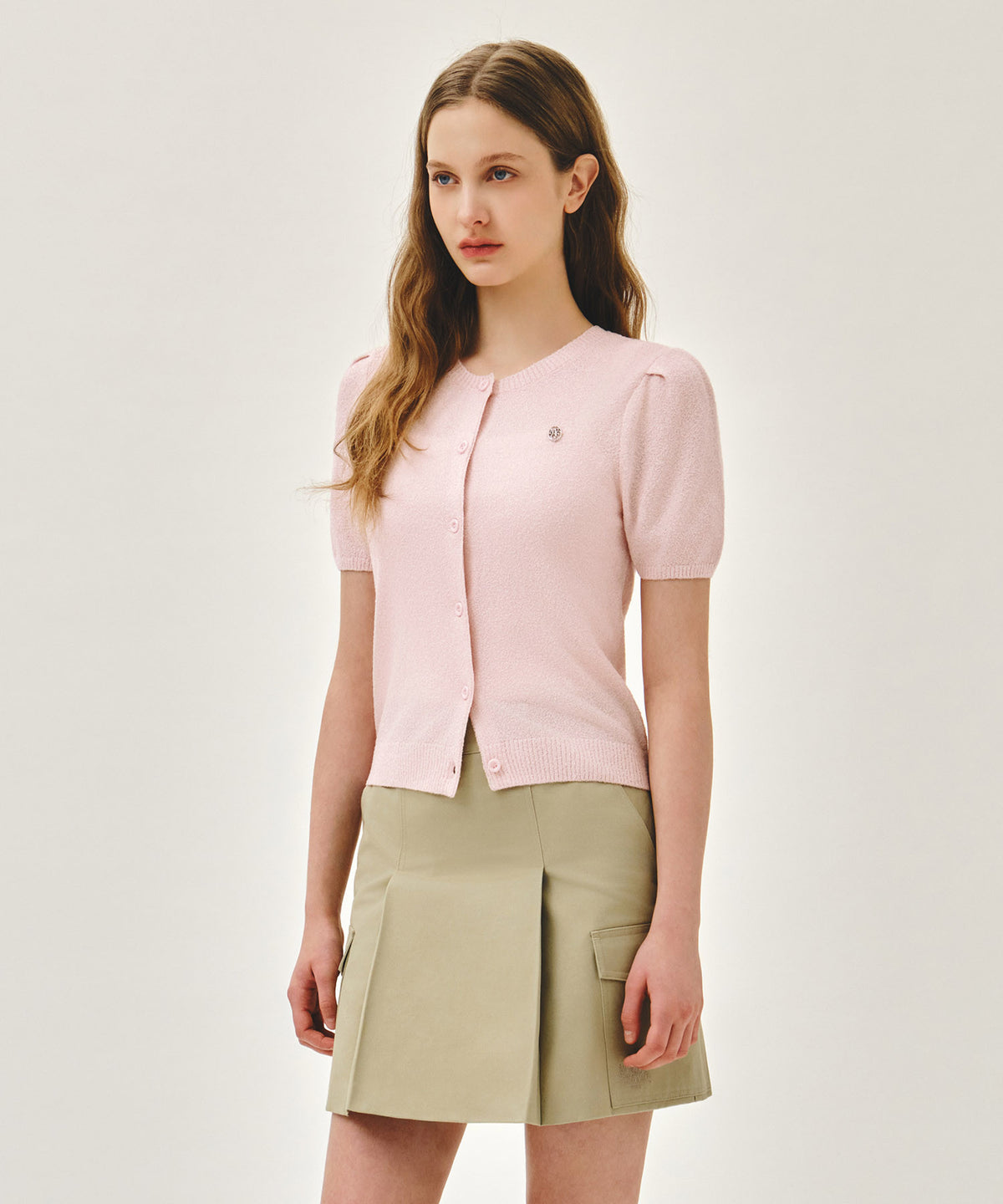 MARITHE W PUFF SLEEVE HALF KNIT CARDIGAN pink