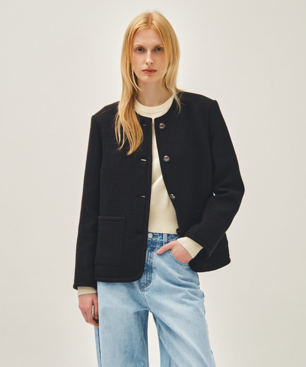 MARITHE W TWEED ROUND NECK JACKET black