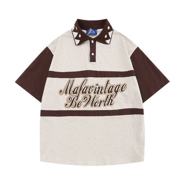Gababa Unisex Double Line Lettering Oversized Collar Short Sleeve T-shirt G77107 (Plus Size M~XL)