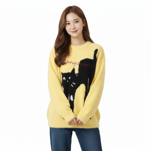 Gababa [High Demand] Unisex Round Neck Long Sleeve Sweater with Unique Cat Embroidery and Lettering Point G78065