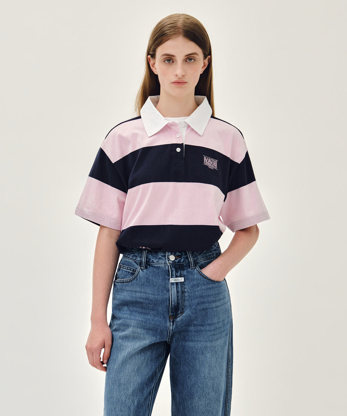 MARITHE [S size 7/10 Pre-order Shipping] SMALL CLASSIC LOGO RUGBY STRIPE OVERSIZED COLLAR TEE pink