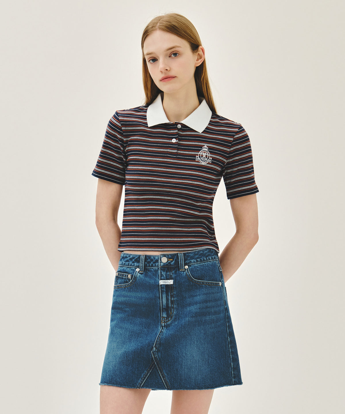 MARITHE W STRIPE SLIM CROP COLLAR TEE navy