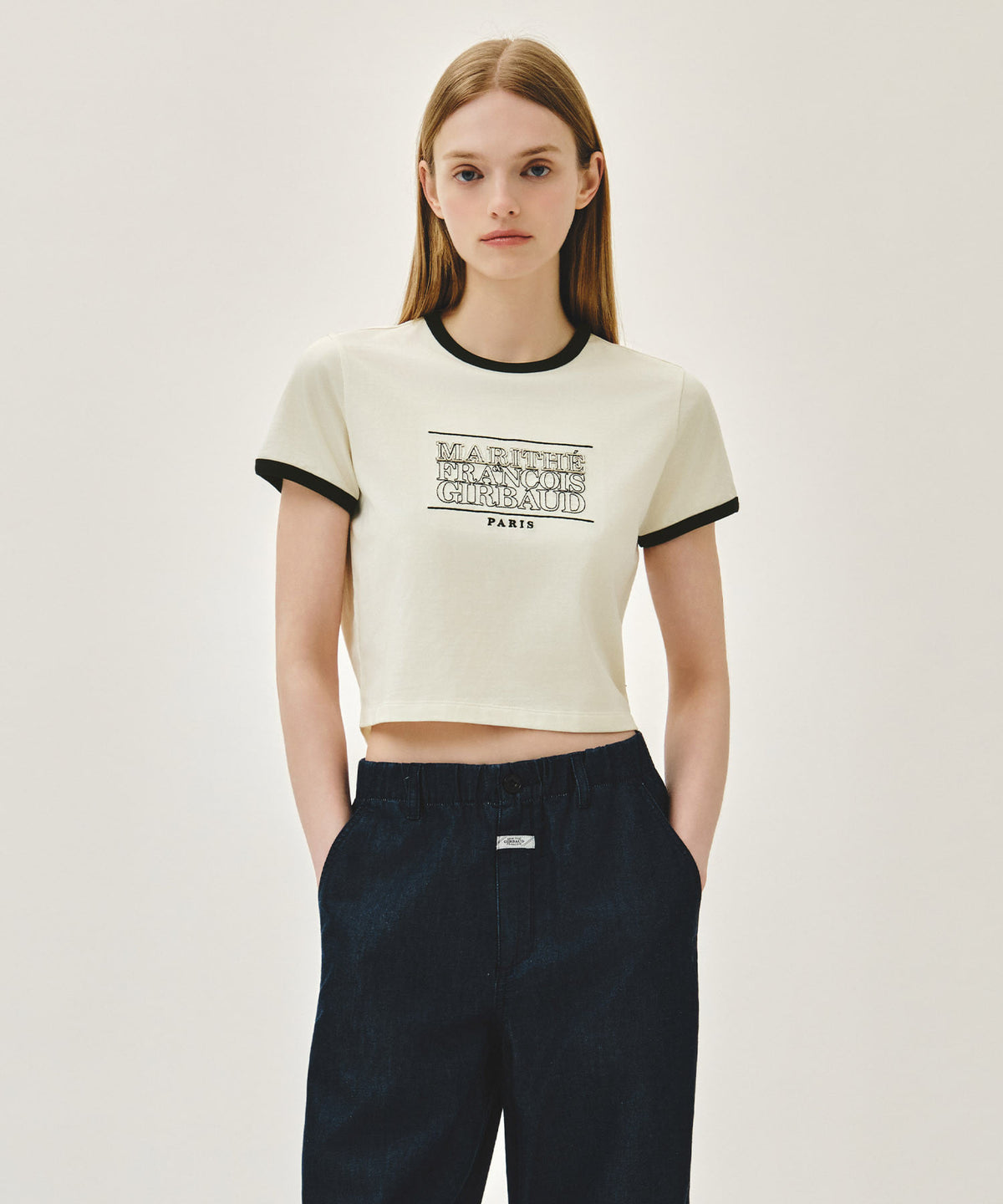MARITHE W CLASSIC LOGO APPLIQUE RINGER CROP TEE ivory