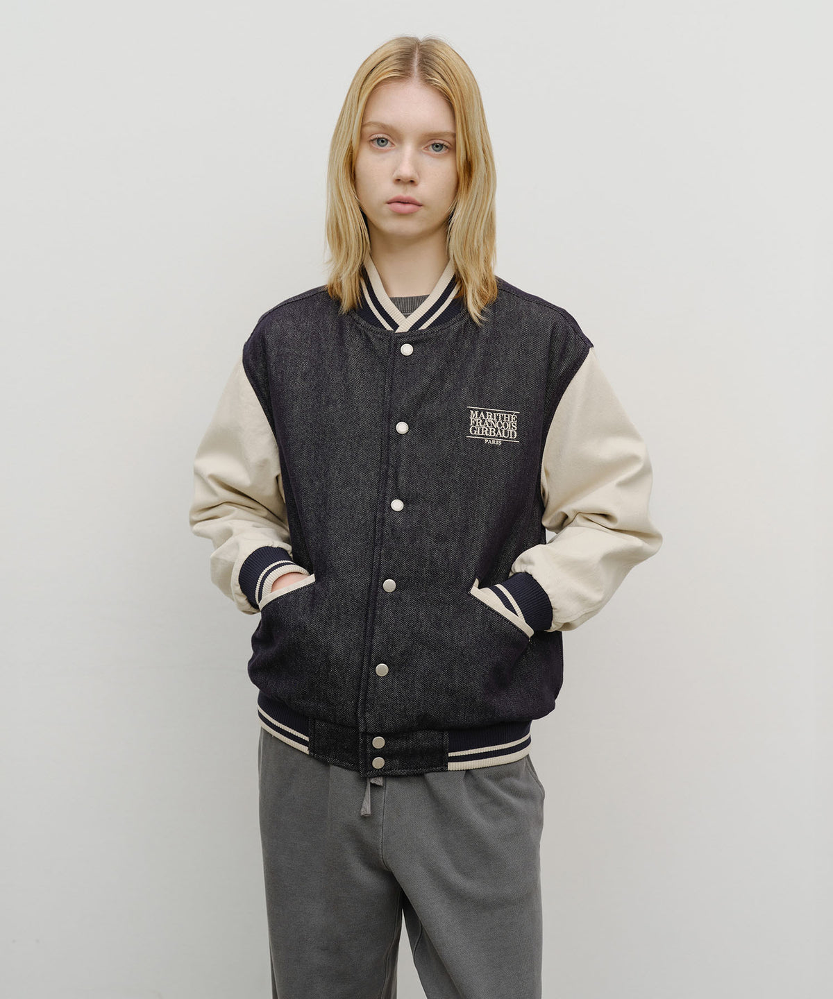 MARITHE CLASSIC LOGO EMBROIDERY DENIM VARSITY JACKET navy