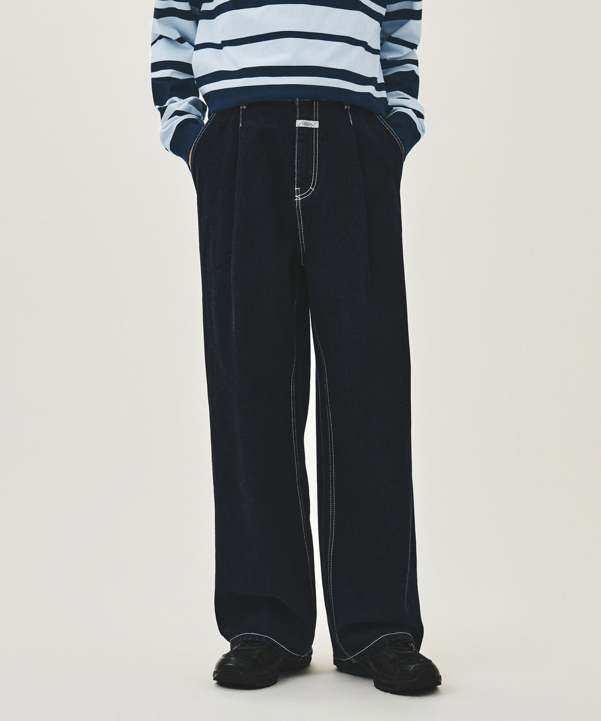MARITHE NEW M LOW-WAIST TUCK WIDE DENIM PANTS dark blue