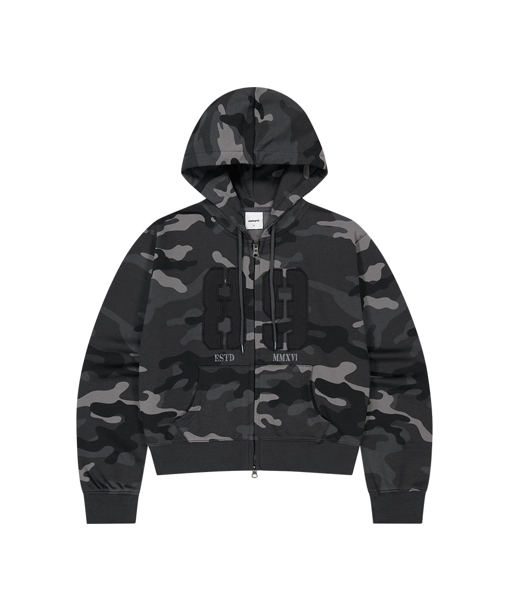 MAHAGRID CAMO APPLIQUE CROP ZIP UP HOODIE[BLACK]