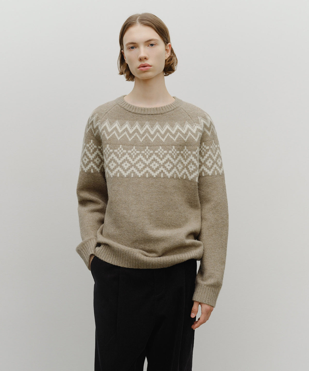 MARITHE FAIRISLE CREW NECK KNIT PULLOVER beige