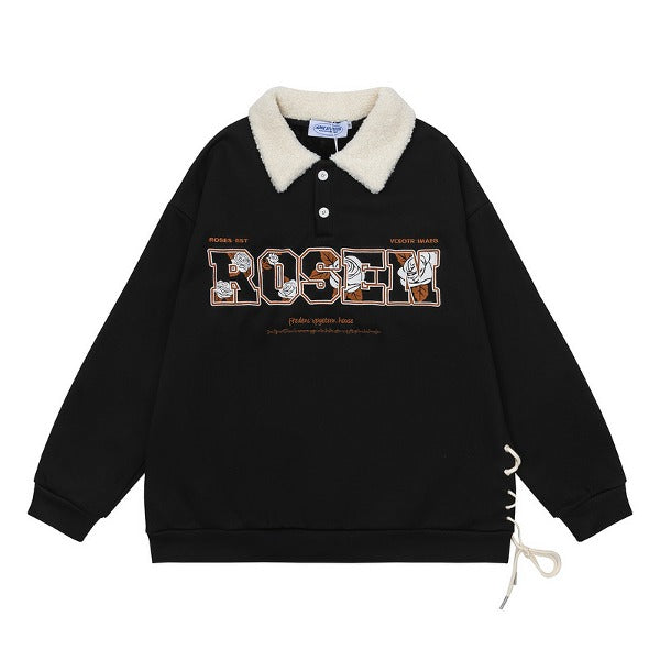 Gababa [High Demand] Unisex Collar with Side Ribbon Accent Fleece Sweatshirt G78440 (Plus Size S~XL)