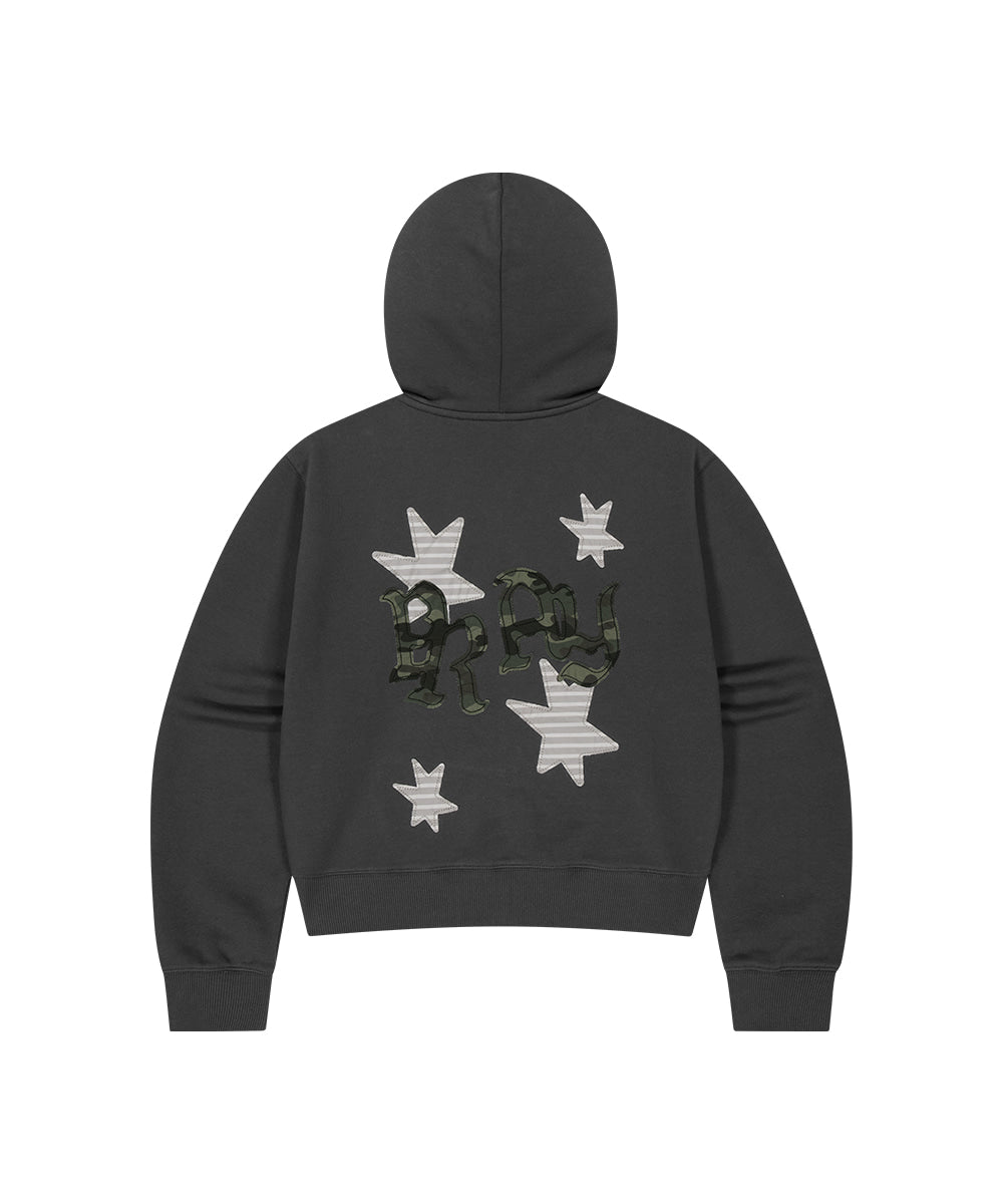 MAHAGRID PRAY APPLIQUE CROP ZIP UP HOODIE[CHARCOAL]