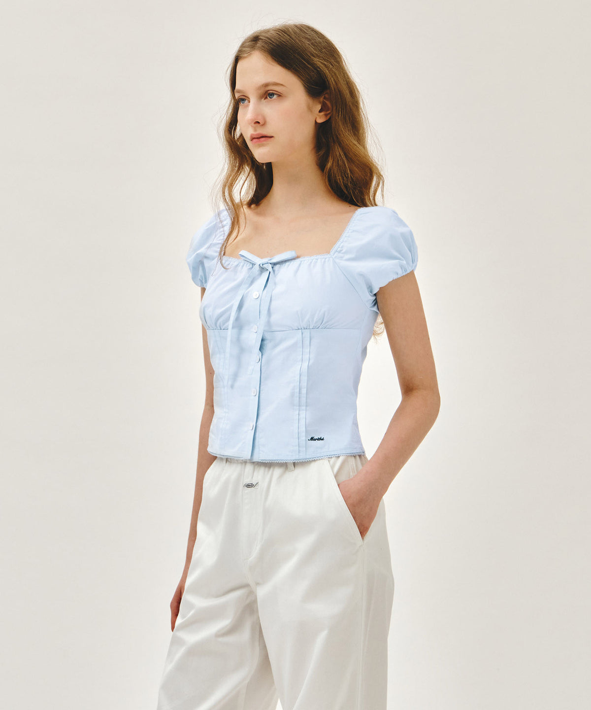 MARITHE W CAP SLEEVE RIBBON BLOUSE sky blue