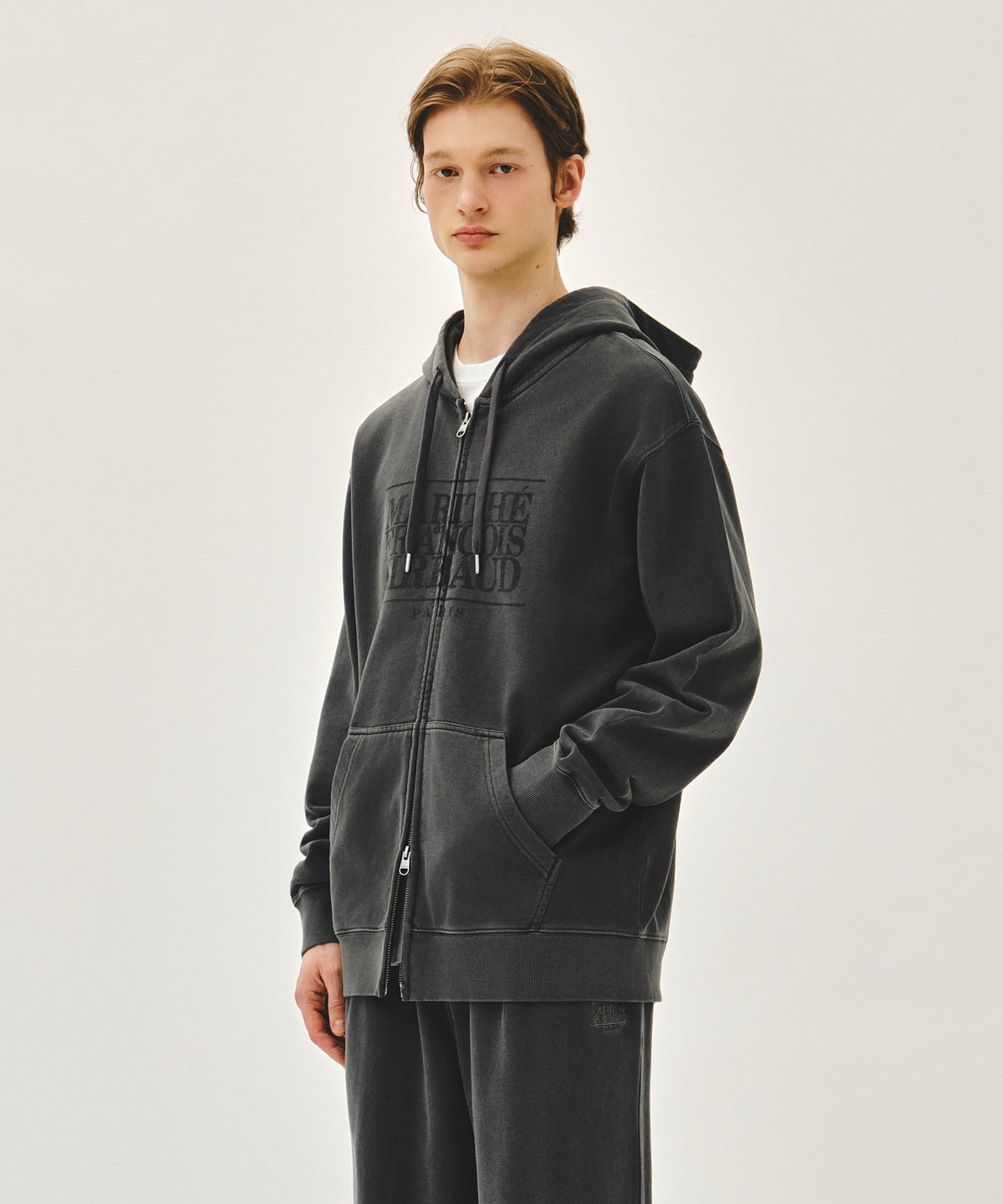 MARITHE CLASSIC LOGO DYEING HOODIE ZIPUP charcoal