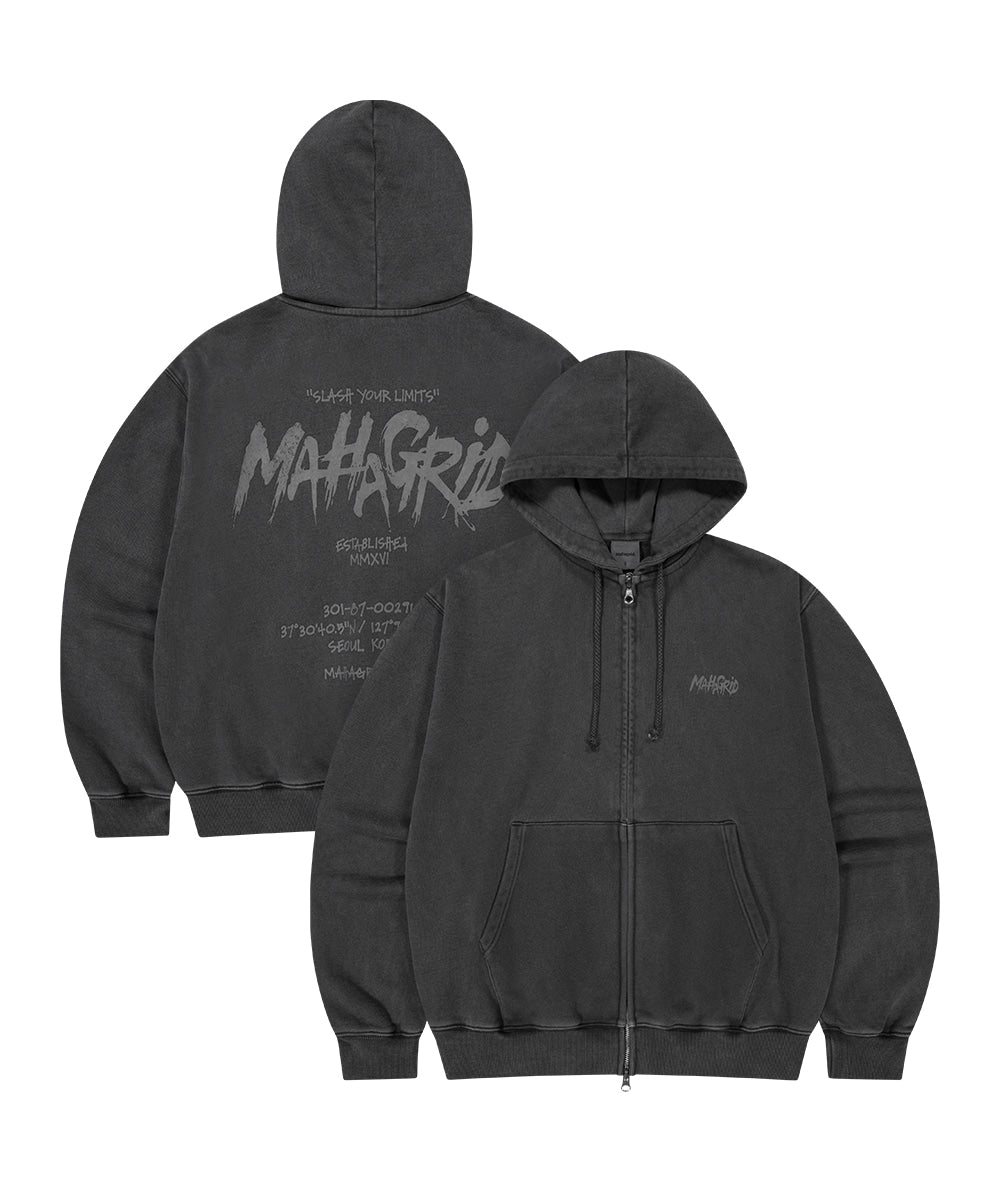MAHAGRID SLASH LOGO PIGMENT ZIP UP HOODIE [CHARCOAL]