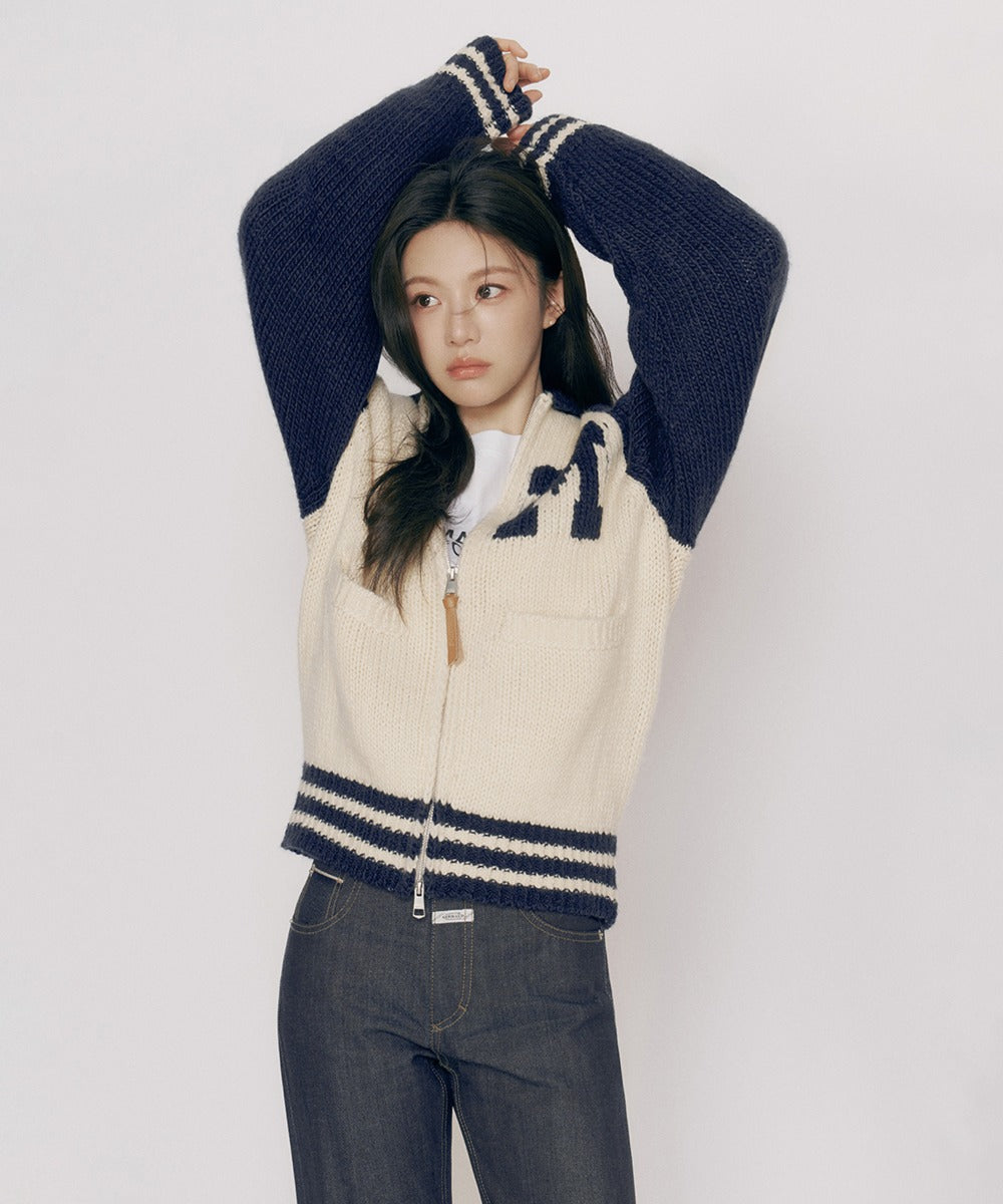 MARITHE COLOR BLOCK RAGLAN CARDIGAN navy