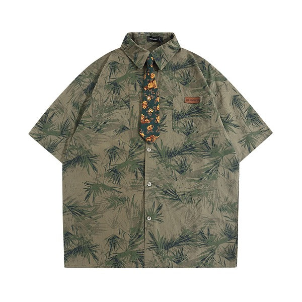 Gababa Unisex Floral Tie Wood Print Collar Short-Sleeve Shirt G77197