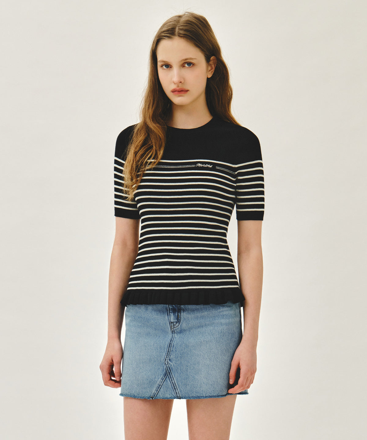 MARITHE W RUFFLE POINT STRIPE HALF KNIT PULLOVER black