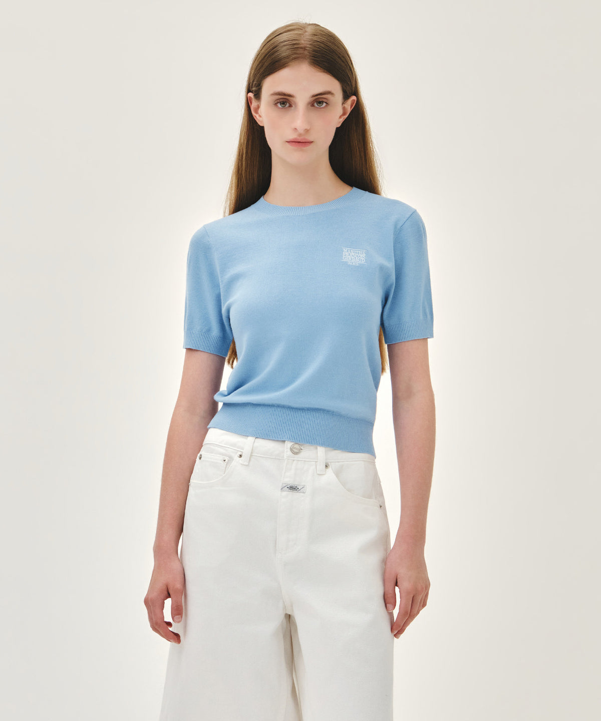 MARITHE W SMALL CLASSIC LOGO HALF KNIT PULLOVER sky blue
