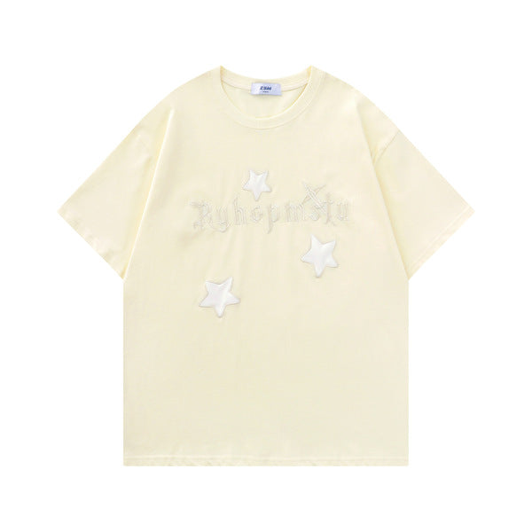 Gababa [High Demand] Unisex Vintage Star Embroidered Overfit Short Sleeve T-shirt G76784