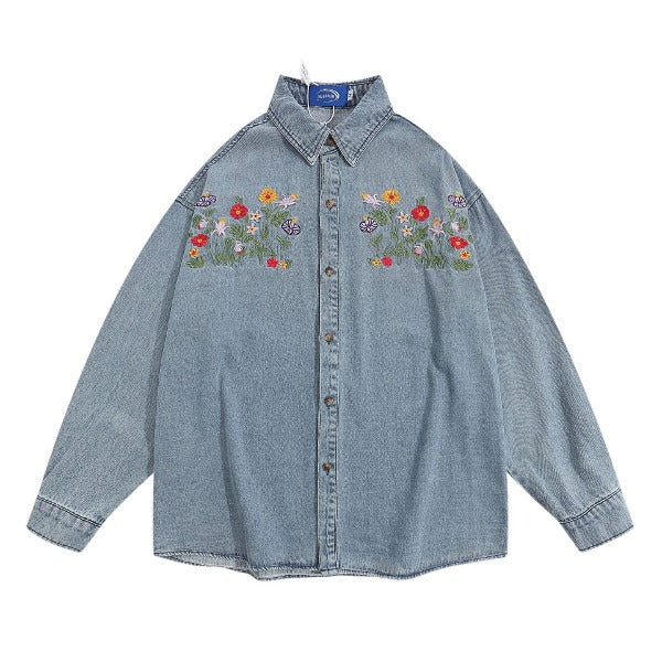 Gababa Unisex Flower Point Medium Blue Over-fit Denim Long Sleeve Shirt G77516 (Plus Size M~XL)