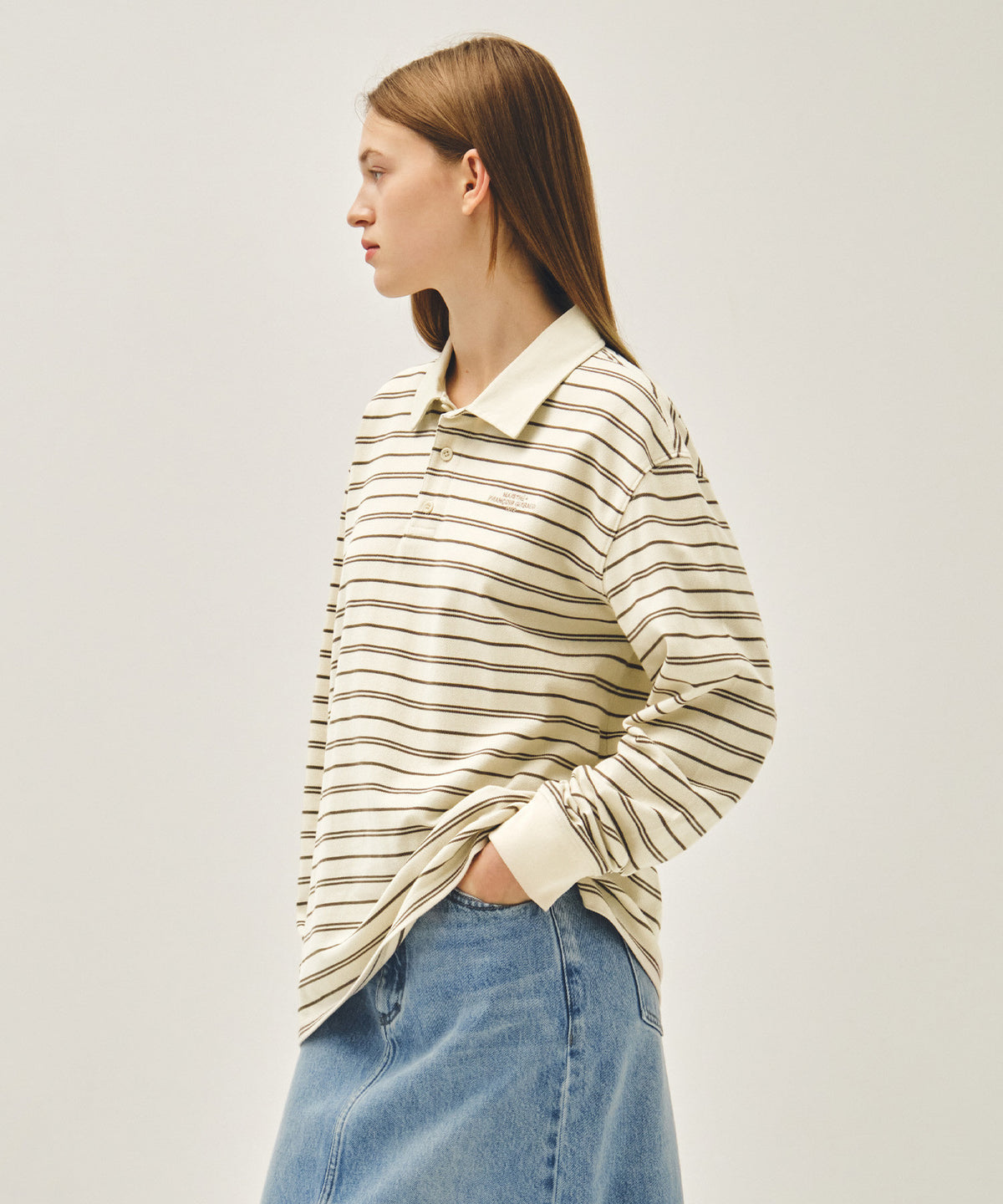 MARITHE STRIPE PIQUE LONG SLEEVE TEE ivory