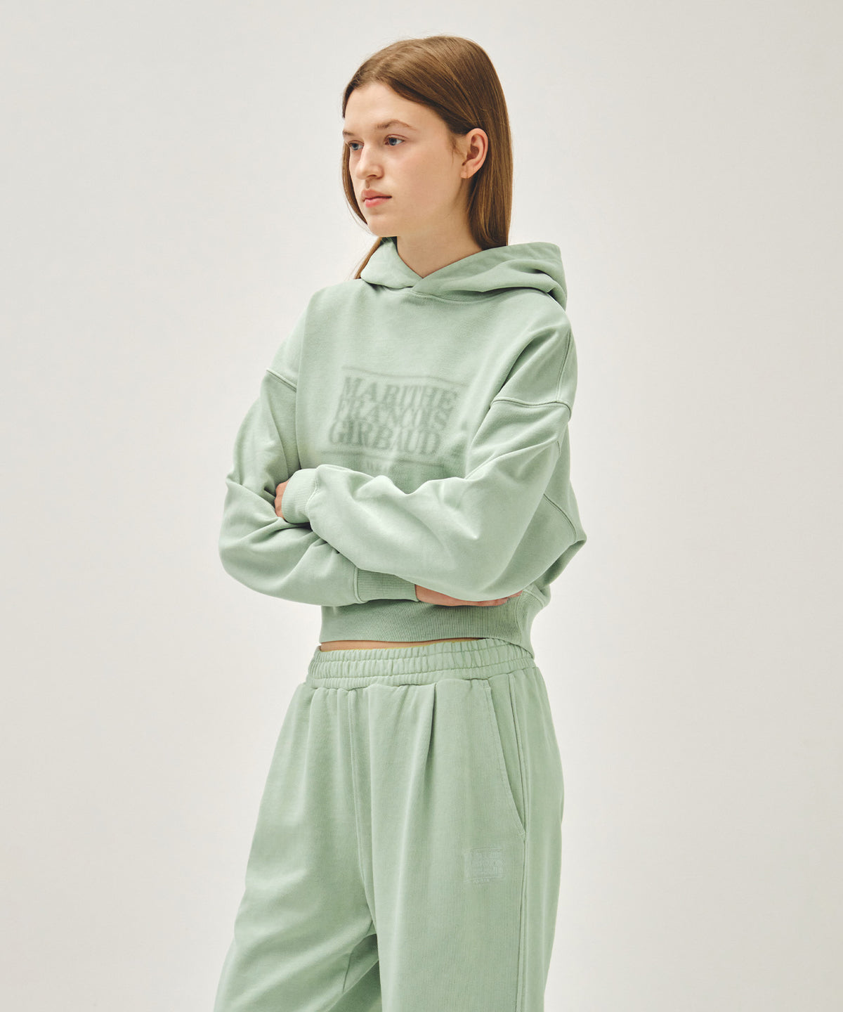 MARITHE W SHADOW CLASSIC LOGO DYEING CROP HOODIE mint