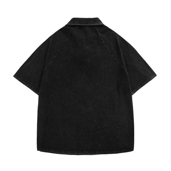 Gababa Unisex Flower Black Oversized Denim Collar Short-Sleeve T-shirt G74808 (Plus Size M~2XL)