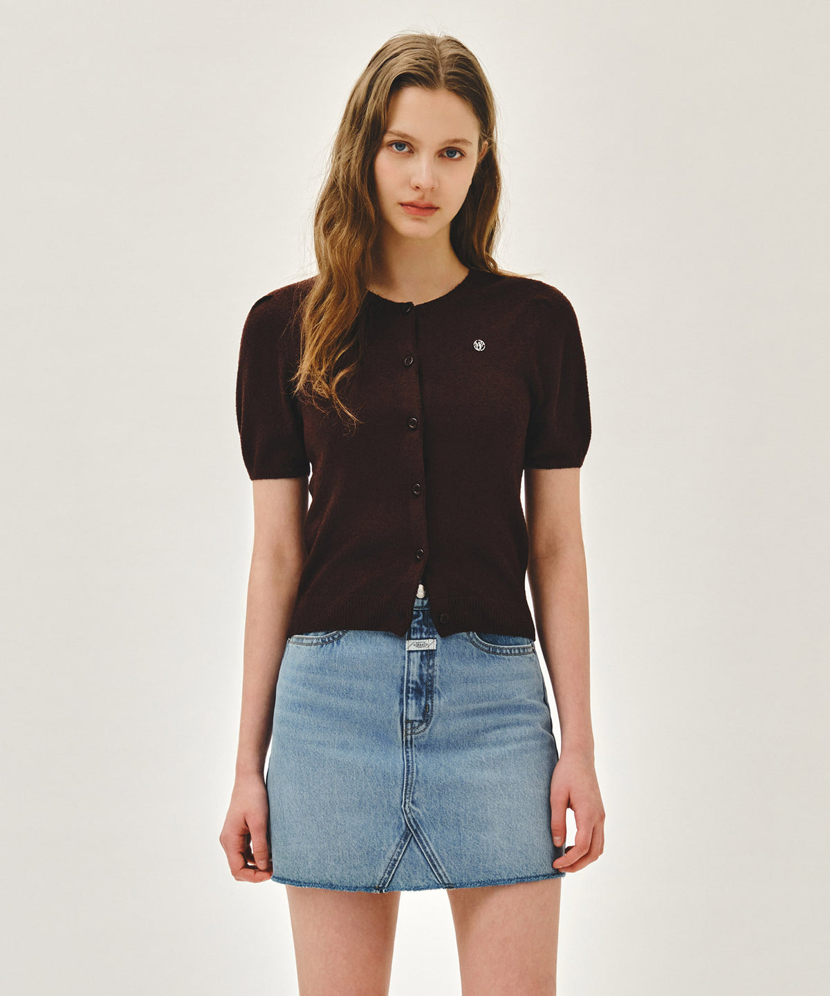 MARITHE W PUFF SLEEVE HALF KNIT CARDIGAN dark brown