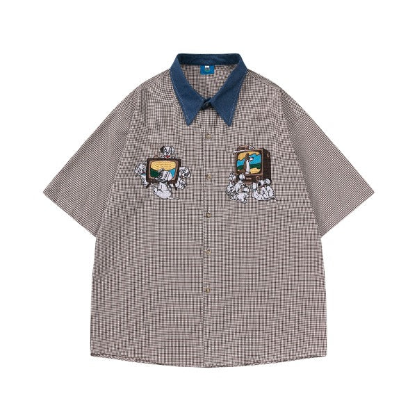 Gababa Unisex Television Embroidered Denim Collar Short-Sleeve Shirt G77187