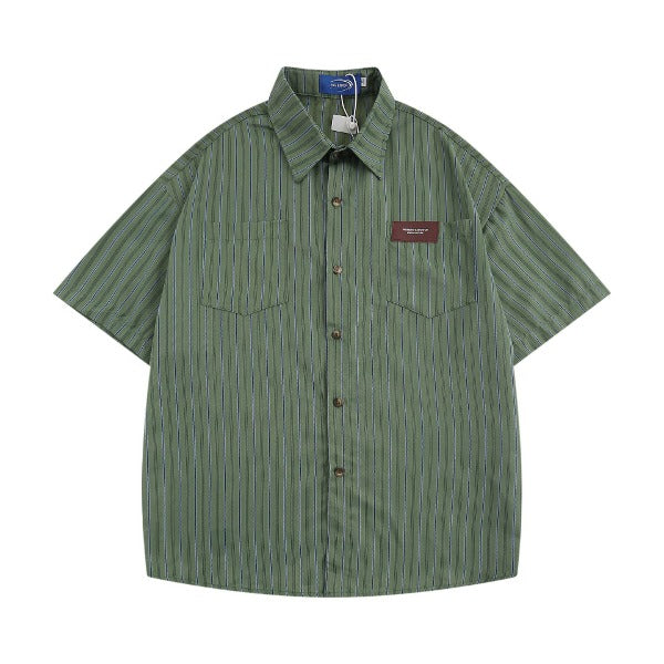 Gababa Vertical Stripe Pocket Collar Overfit-Sleeve Shirt G74824 (Plus Size M~XL)