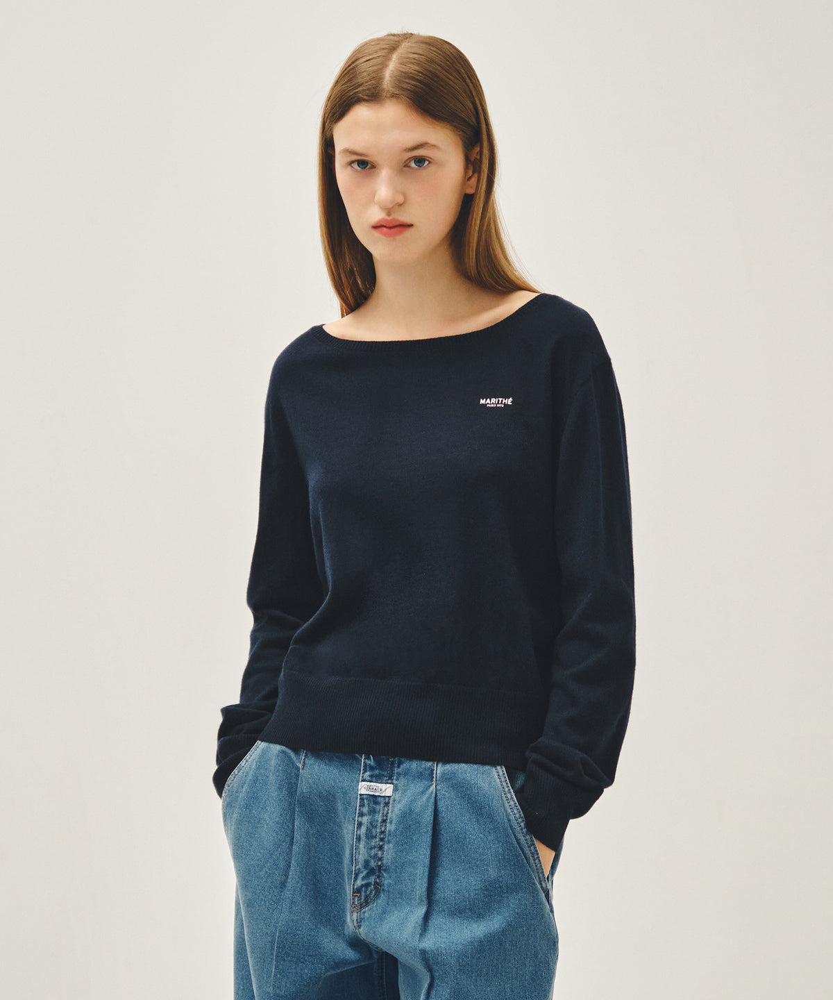 MARITHE W BOAT NECK KNIT PULLOVER navy
