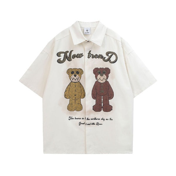 Gababa Unisex Teddy Bear Printing Oversized Collar Short-Sleeve Shirt G76814 (Plus Size M~2XL)