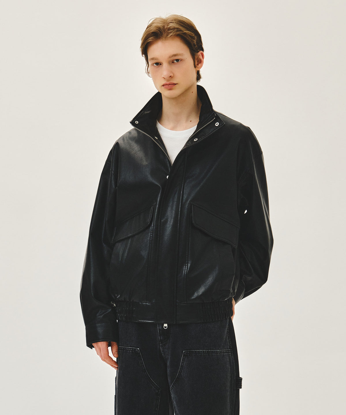 MARITHE FAUX LEATHER HIGH NECK JACKET black