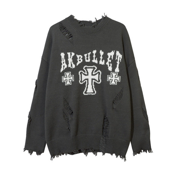 Gababa Unisex Cross Pixel Graphic Damage Round Neck Long Sleeve Sweater G78258 (Plus Size M ~ 2XL)