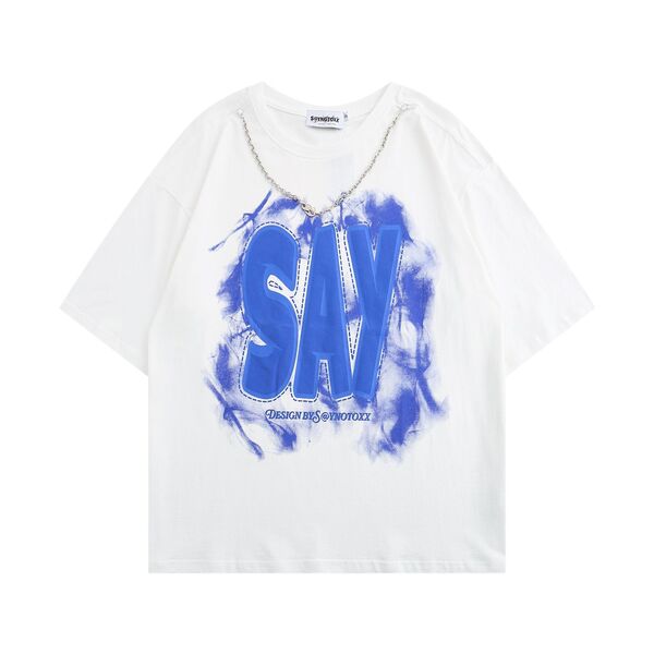 Gababa Unisex Chain Necklace SAY Lettering Oversized Short-Sleeve T-shirt G77169 (Plus Size S~XL)