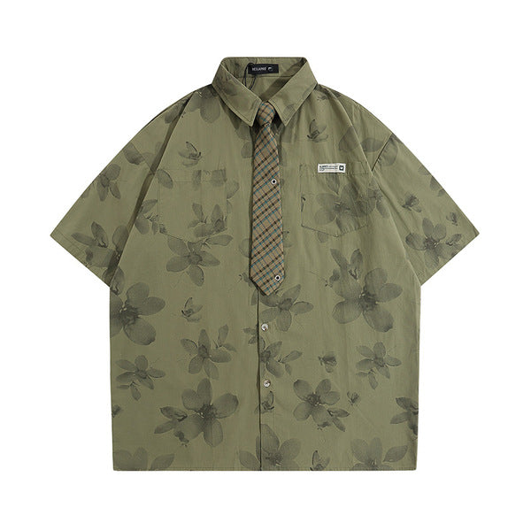 Gababa Unisex Ink Wash Painting Flower Pattern Collar Short-Sleeve Shirt G74826