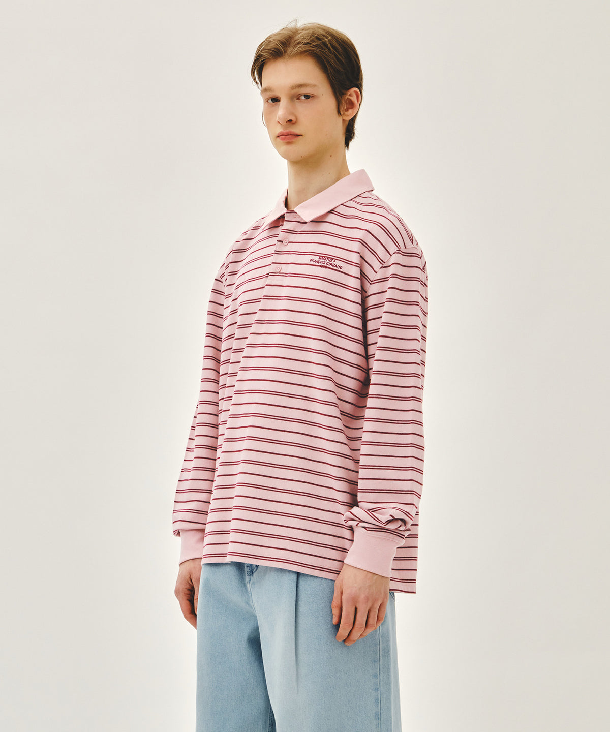 MARITHE STRIPE PIQUE LONG SLEEVE TEE pink