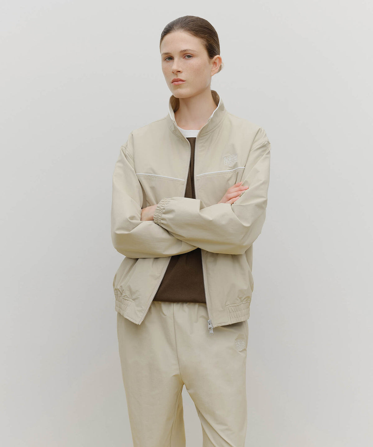 MARITHE SPORT NYLON TRACK ZIP-UP JACKET beige