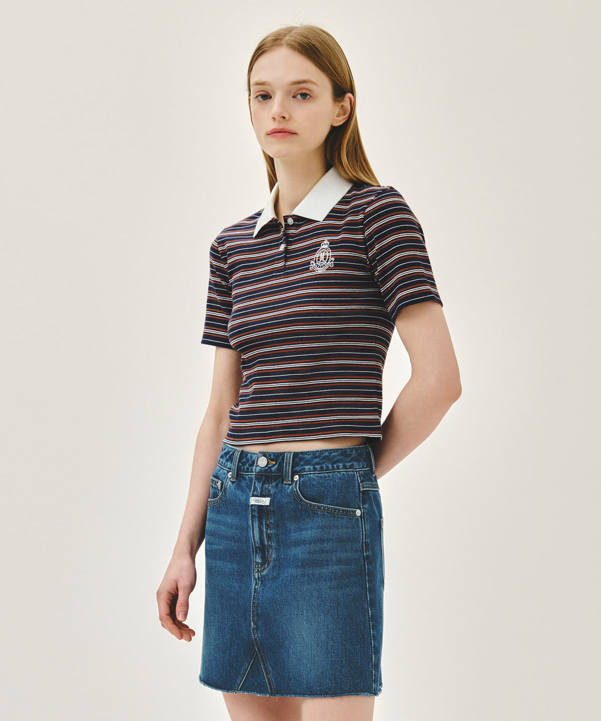 MARITHE W STRIPE SLIM CROP COLLAR TEE navy